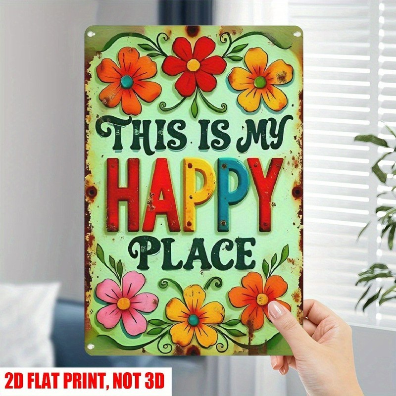 Retro Garden Decor Metal Sign This Is My Happy Place Colorful Floral Plaque 12×8 gallery
