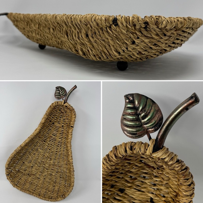 WICKER Woven Fruit Bread BASKET Pear Shaped METAL STEM Footed 16.5″ Wall Decor