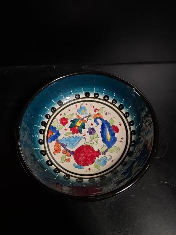 Turkish Hand Painted Ceramic Bowl Turquoise Pomegranate Floral Relief 5″ Pottery