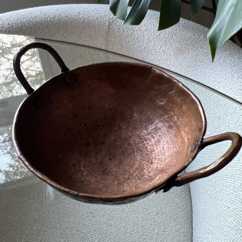 Hand-Hammered Mexican Copper Bowl w/ Handles, Vintage Patina, 4.75” gallery