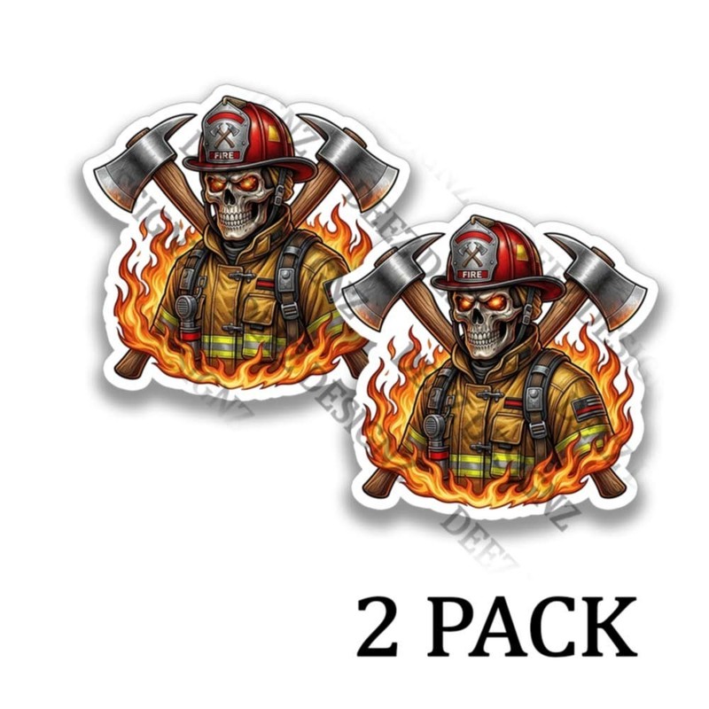 Fireman Skeleton Stickers Skull Decal Waterproof Sticker Truck Window 2 PACK