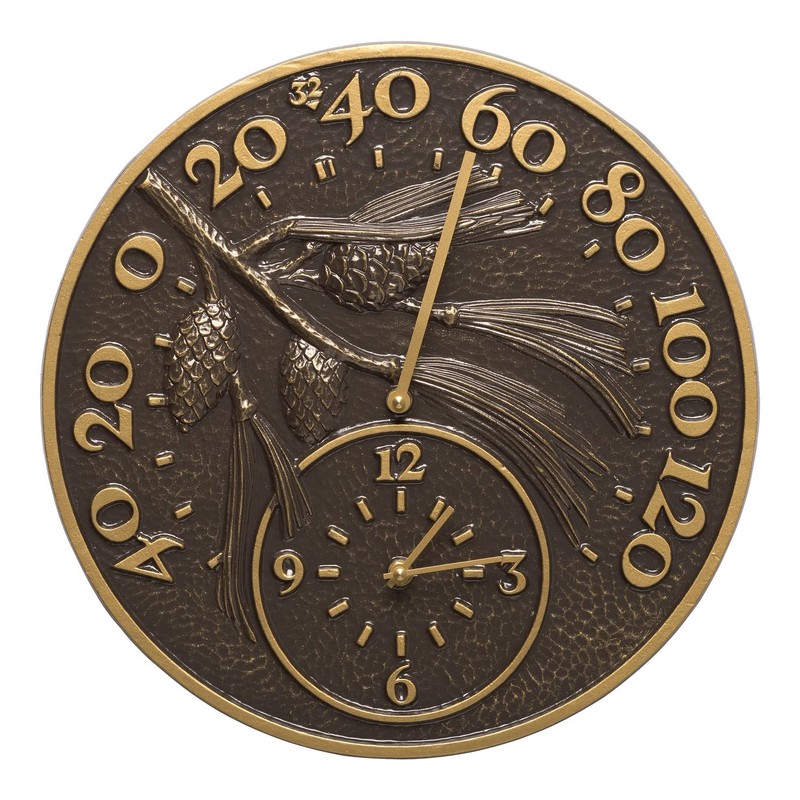 Whitehall Products Pinecone Thermometer Clock, French Bronze