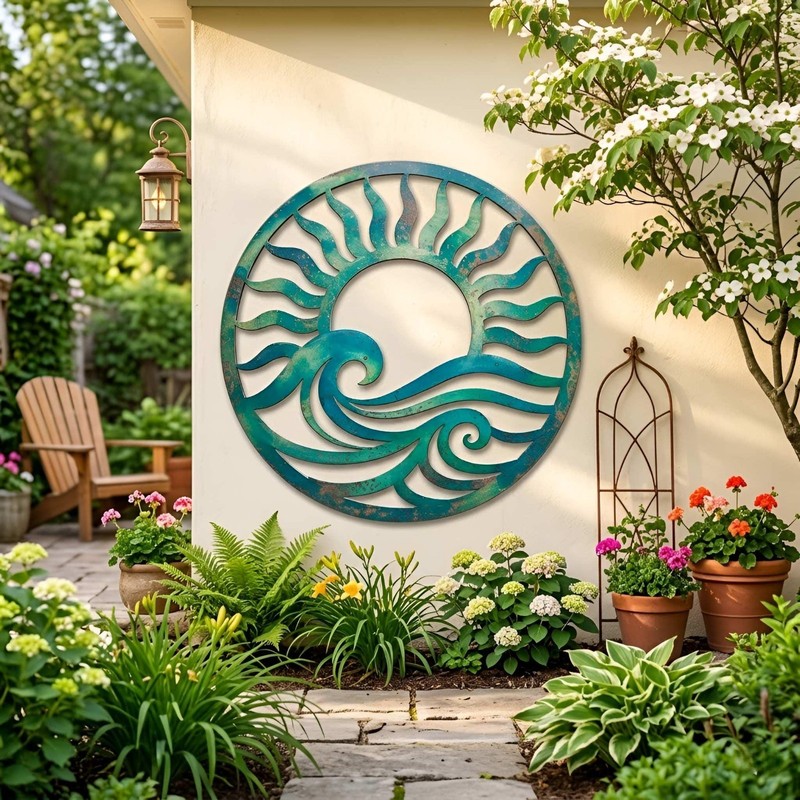 Ocean Wave Metal Wall Art, Coastal Sun Wall Decor, Nautical Outdoor Decor