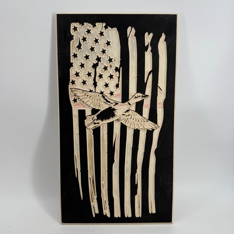 Duck American Flag Laser Cut/Engraved Wooden US Handmade 18″ x 10″ Distressed
