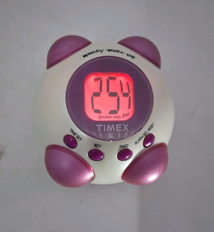 Vintage Timex T156WP Wacky Wake-Up Shake Vibrate Talking Alarm White Pink TESTED