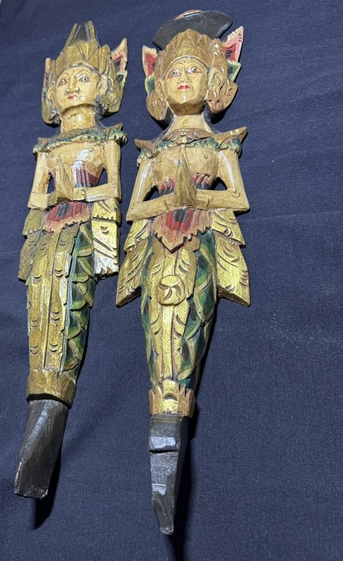 Balinese Temple Guardian Pair Hand Carved Wood Sculptures Vintage Wall Art 18” gallery