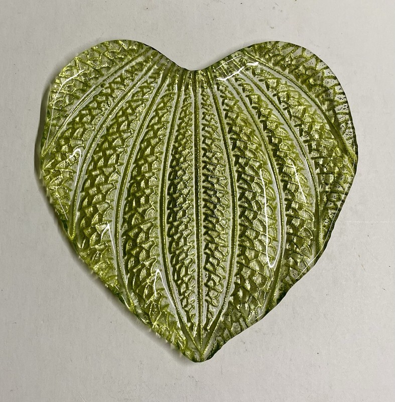 Vintage Clear Glass Metallic Green Heart Shaped Embossed Dish MCM 8.5” X 8.5”