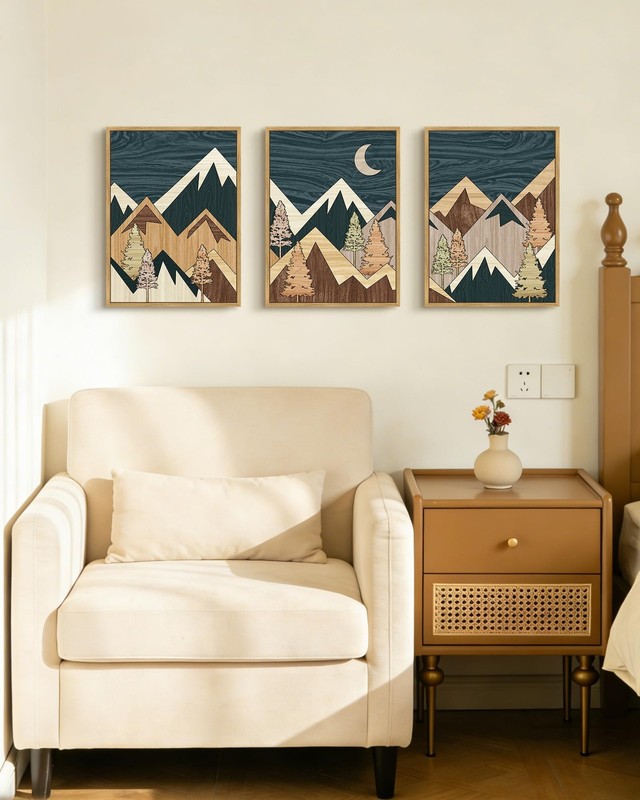 Blue Morden Mountains Framed Wall Art Boho Woodcut Pine Tree Forest Nature La... gallery
