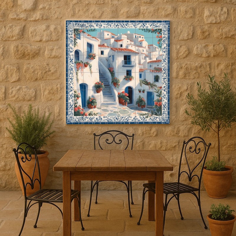 Greek Village Ceramic Tile Mural Mediterranean Blue Door Coastal Wall Art