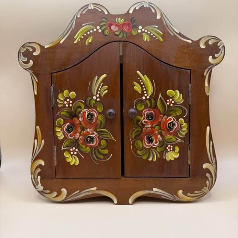 Vintage Hand-Painted European Folk Art Style Key Cabinet
