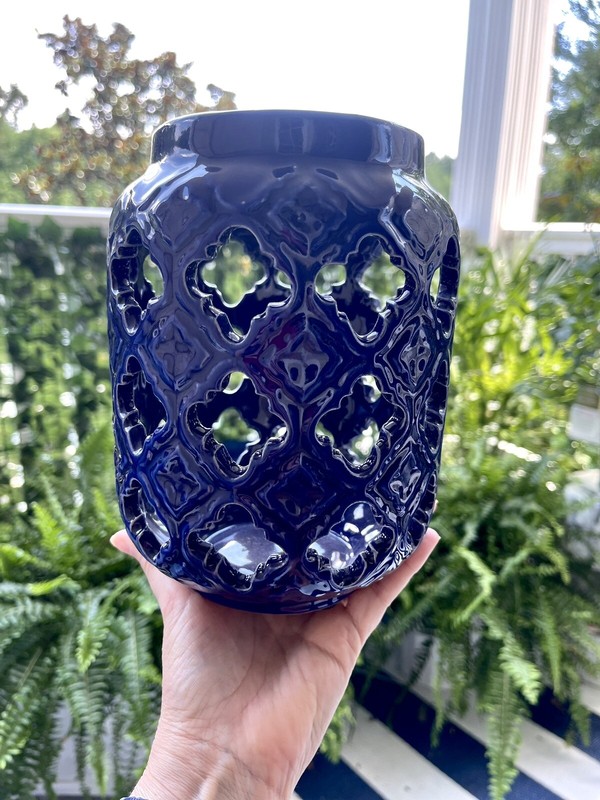 Beautiful Blue Lantern, Candle Holder, Vase New, 8” X 7”, Asian Influence