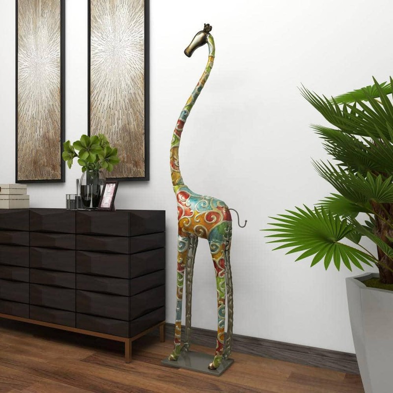 6 Ft Tall Colorful Standing Giraffe Sculpture Whimsical Metal Iron Decor Statue