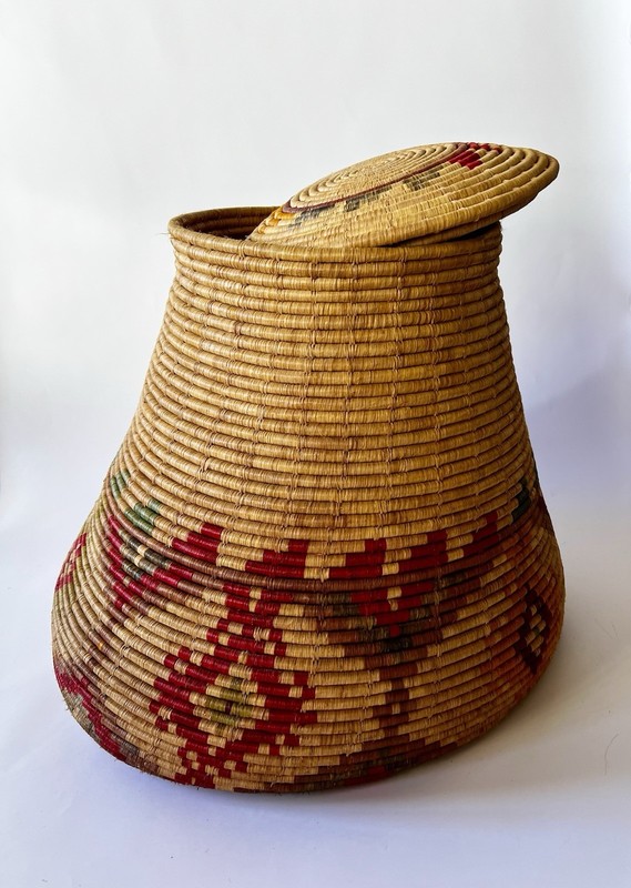 XL Vintage Handwoven Wide Natural Fiber Coiled Basket With Lid ~25” Tall x ~25”