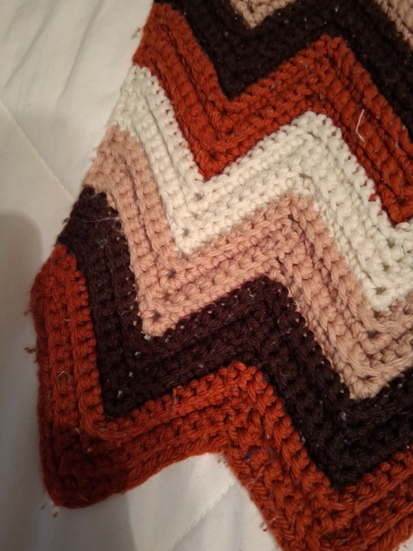 VTG Handmade Crochet Chevron Afghan 30" x 60" Brown Rust Cream Boho Throw OOAK gallery