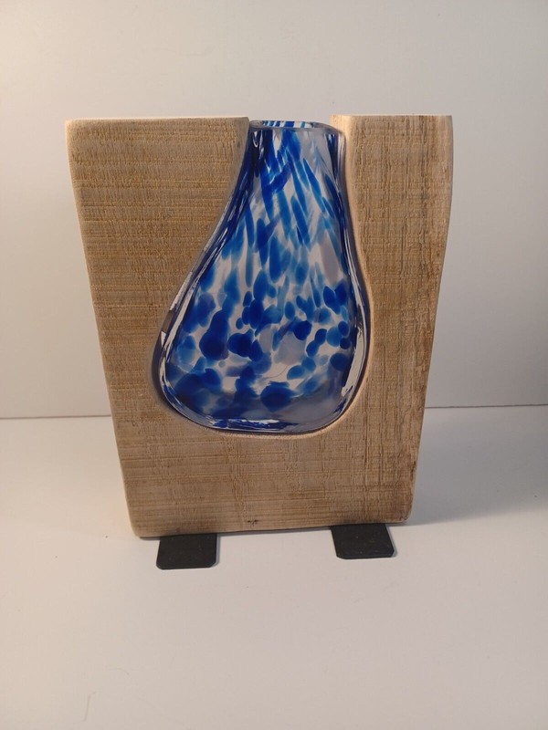 EXCELLO GLOBAL PRODUCTS Round Blue Glass and Wood Vase – Rustic Flower Vase Deco