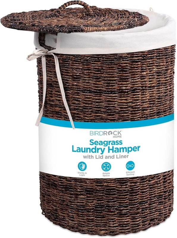 Seagrass Laundry Hamper with Lid & Liner – Handwoven Round Basket with Handles