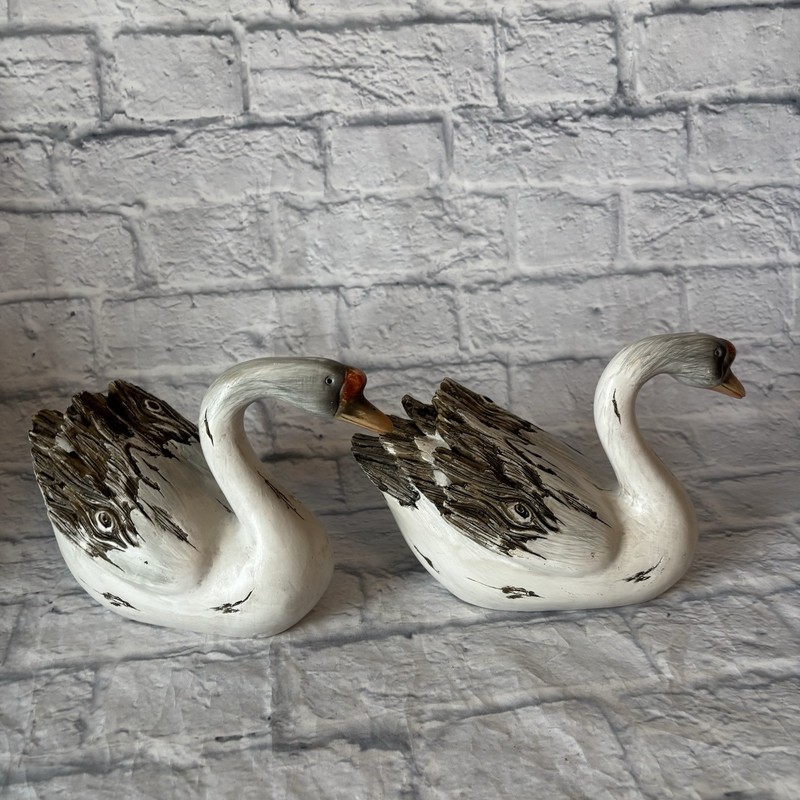 Lot of 2 Swan Decoy Primitive Woodland Cabin Decor Faux Wood Resin gallery