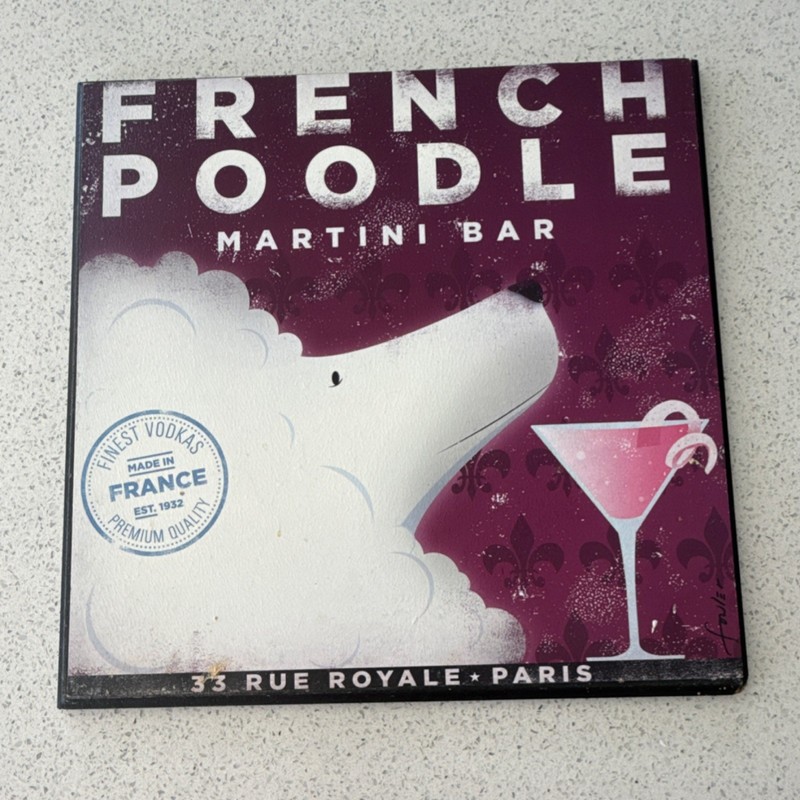 at home French Poodle Martini Bar Modern Wood Print Purple White Pink Square Art
