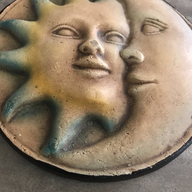 Celestial Sun Moon Face Pottery Wall Hanging Decor 90s Handpainted Art Whimsical gallery