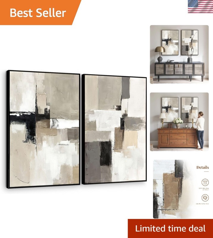 Neutral Abstract Canvas Art Set – Framed Beige & Gray Paintings for Chic Rooms