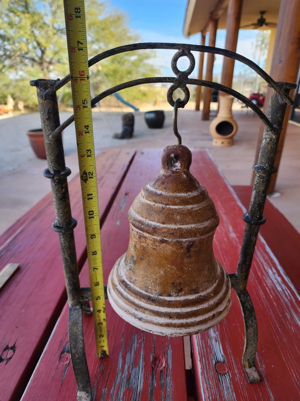 Large Rustic Clay Hanging Bell w Wrought Iron Stand Clapper Mission Southwestern gallery