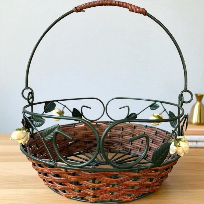 Metal Basket with Handle Green with Wicker Decorative Centerpiece 10” Wide