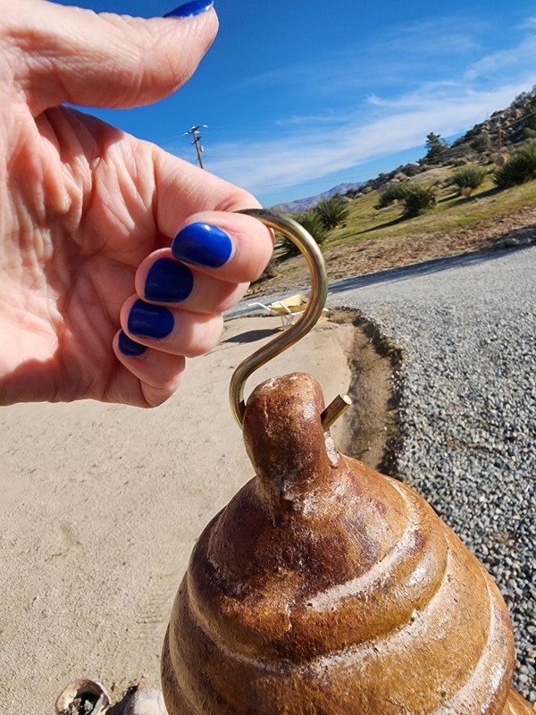 Large Rustic Clay Hanging Bell w Wrought Iron Stand Clapper Mission Southwestern gallery