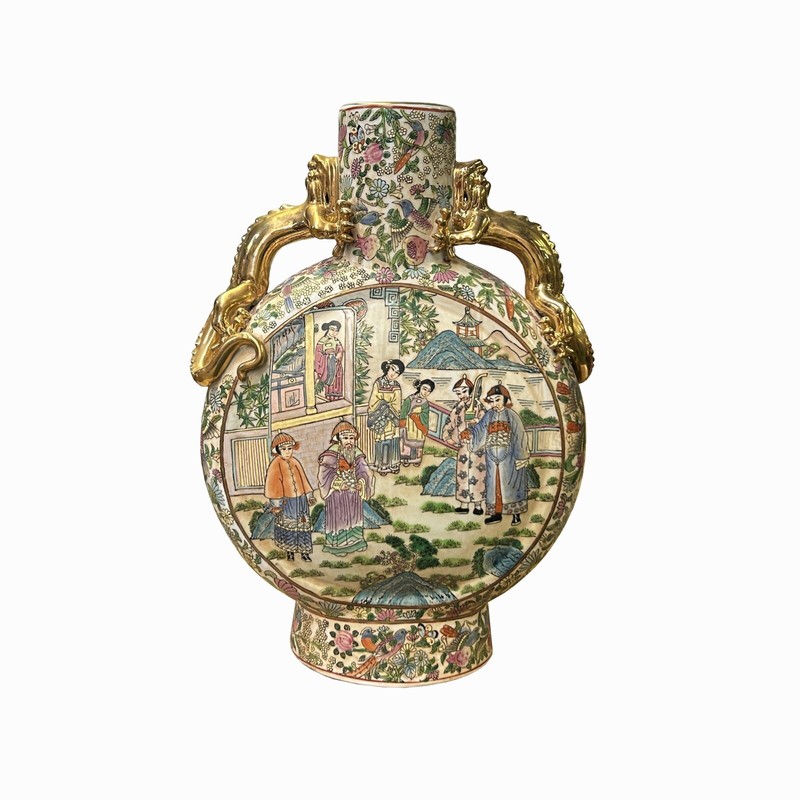 Chinese Oriental Porcelain People Scenery Flat Round Shape Vase ws3491
