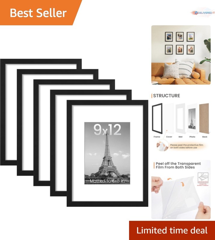 Set of 5 Picture Frames Black 9×12 or 6×8 with Mat Wall Gallery Photo
