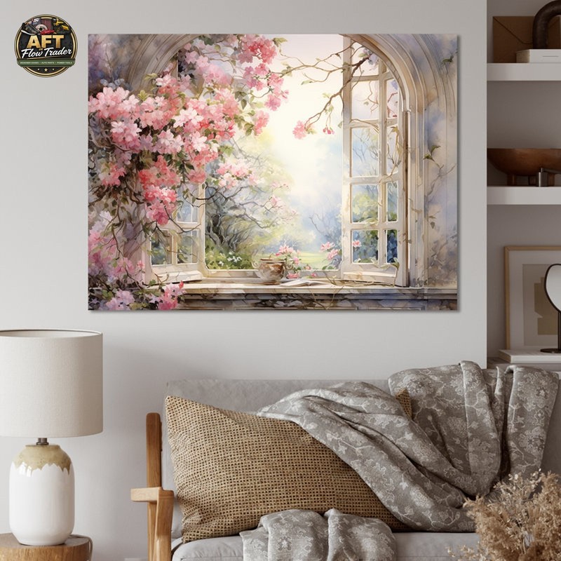 Winston Porter Pink Blossoming Country Window Canvas Print