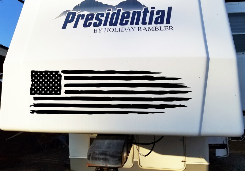 Distressed American Flag in Matte Black Waterproof Vinyl Decal Truck RV Camper