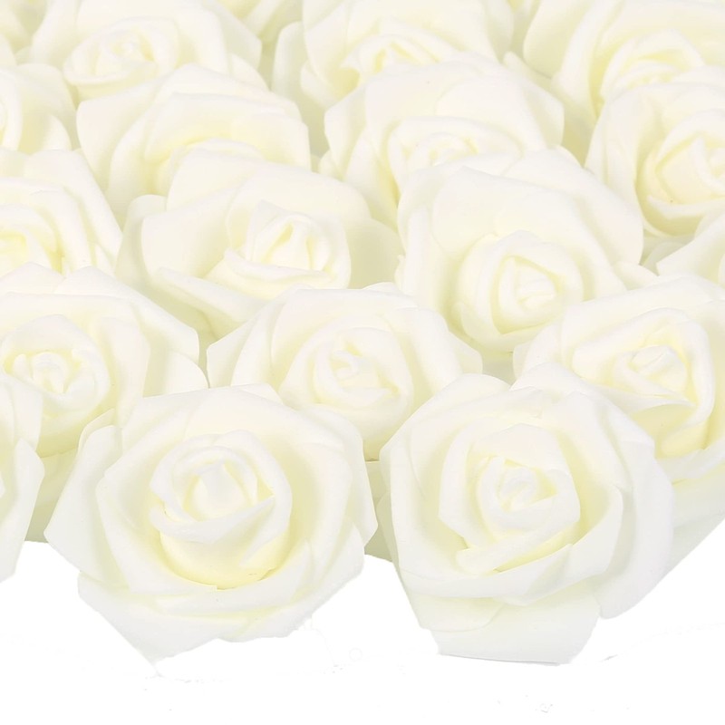 100 PCS Ivory Foam Rose Heads Bulk Fake Flowers for DIY Wedding Bouquets