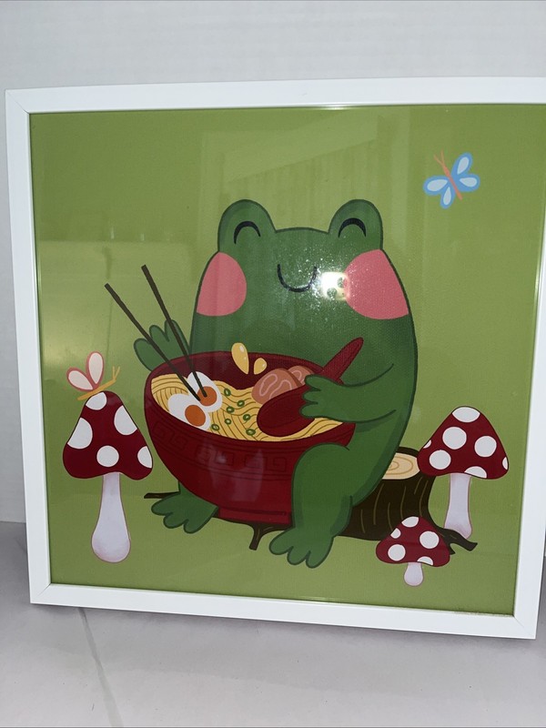 Framed Kawaii Frog Ramen Wall Art Print Green Cute Cartoon Mushroom Decor 14×14
