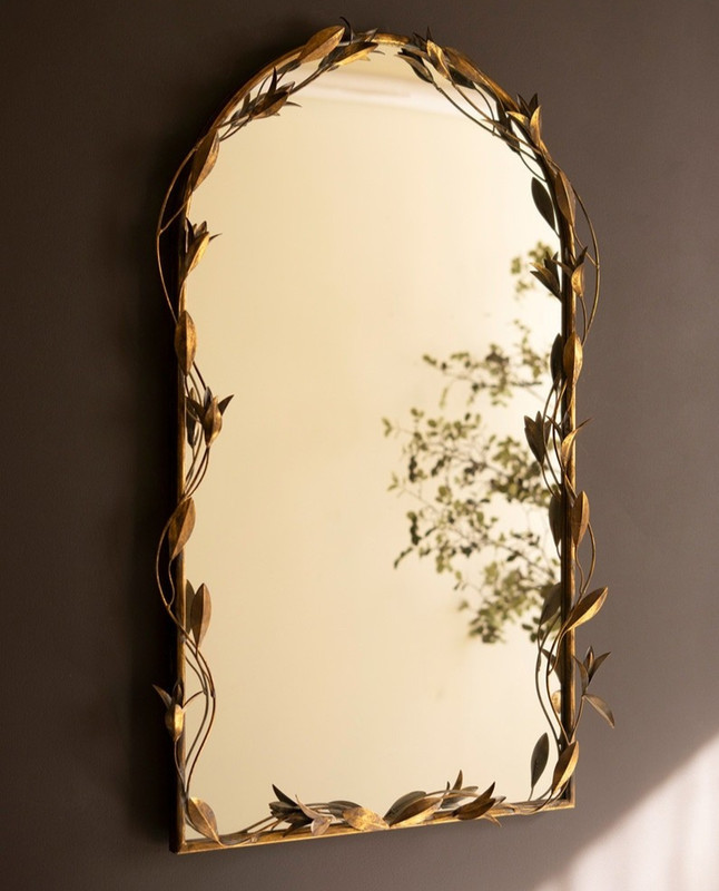 Arched Metal Framed Wall Mirror Antique Brass Leaves 26 x 43