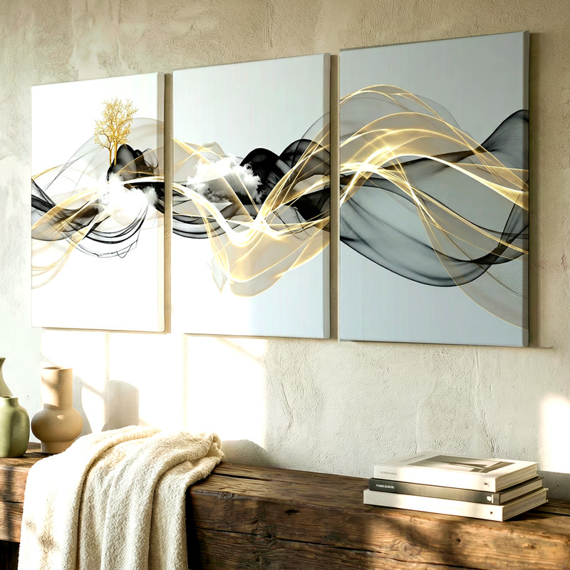 3 Pieces Modern Abstract Flowing Lines Black Gold Large Wall Art for Set Of 3 gallery