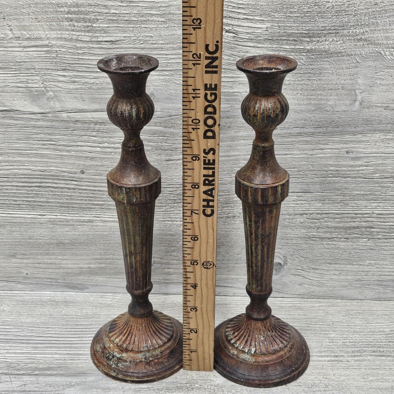Rustic Brown Metal Candlestick Holders Pair Tall Primitive Taper Candle Decor gallery