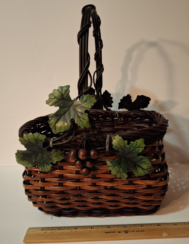 Wicker & Metal Basket Hand painted Metal Leaves and Grapes