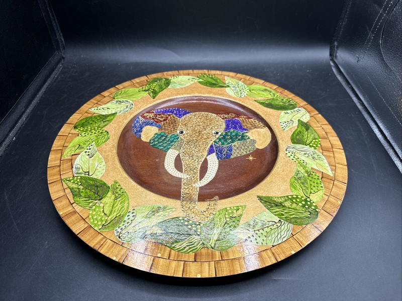 Signed Bibi Leon Hand Crafted Painted Round Wood Serving Charger Plate or Tray gallery