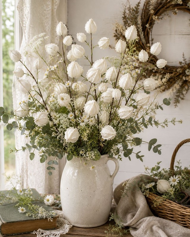 2 White Chinese Lantern Stems | 32 Inch Tall Decorative Botanical Branches | Far gallery