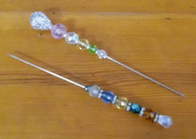 set of 2 Potted Plant Fairy Wands Plant Stakes Spikes Beaded Silver Bejeweled 5″