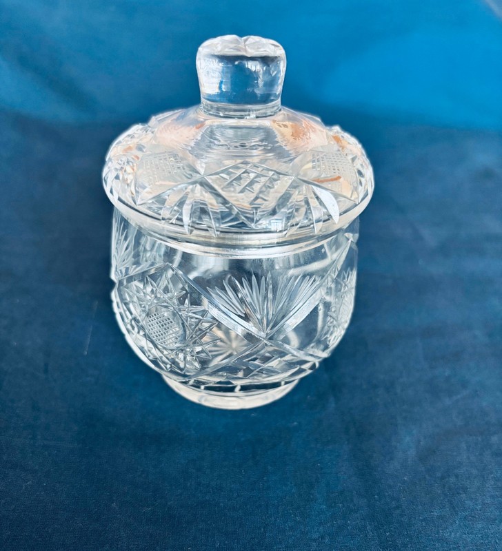 Lead Crystal Glass Clear Cut Small Trinket Candy Condiment Honey Jar with Lid