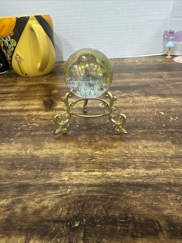 Crystal Clear Glass Globe Sphere W Gold Tone Princess 2 Way Display Stand 2.4″