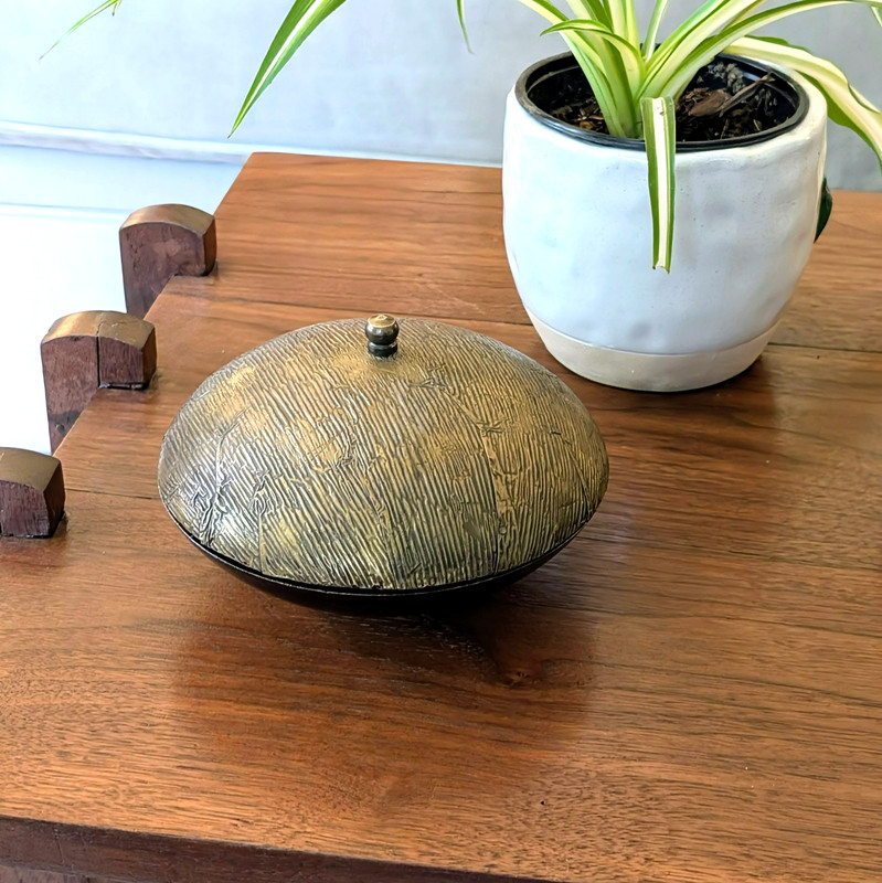Vintage MCM Brass Clad Wood Lidded Bowl Textured Brutalist Dish Trinket