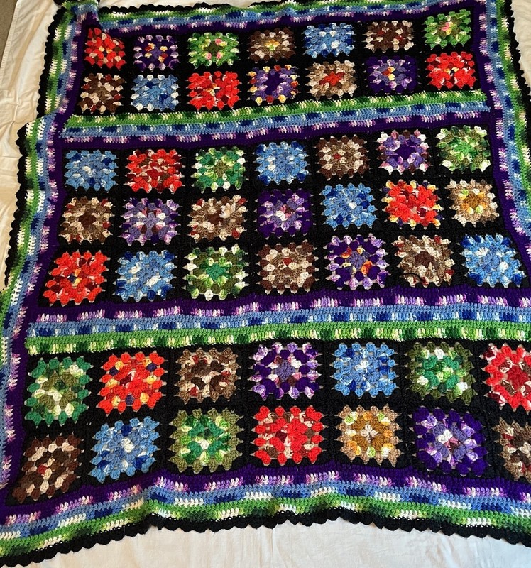Vintage Handmade Granny Square Afghan Throw Multicolor Black 58×53”