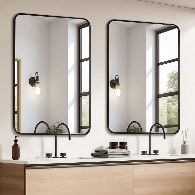 Black Metal Framed Bathroom Mirror Set – 24″x36″, Anti-Rust, Versatile Design