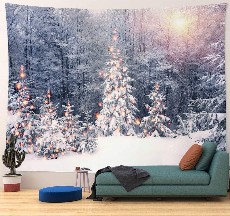 Christmas Forest Tree Tapestry Wall Hanging 91″ x 59″ Winter Happy New Year Snow
