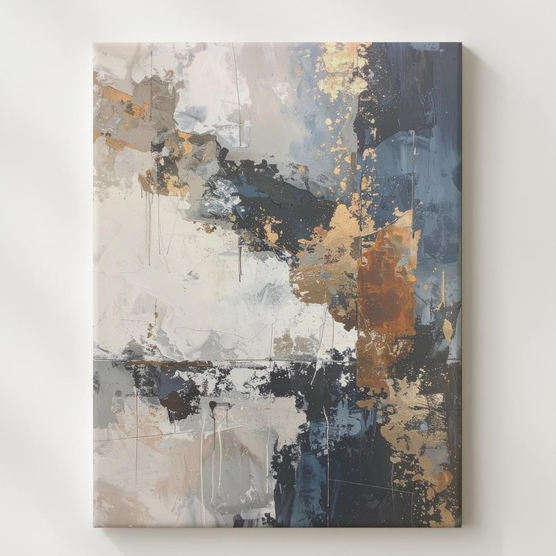 Raw Texture Abstract Canvasindustrial-Inspired Art In Navy, Ochre & Beige Wall
