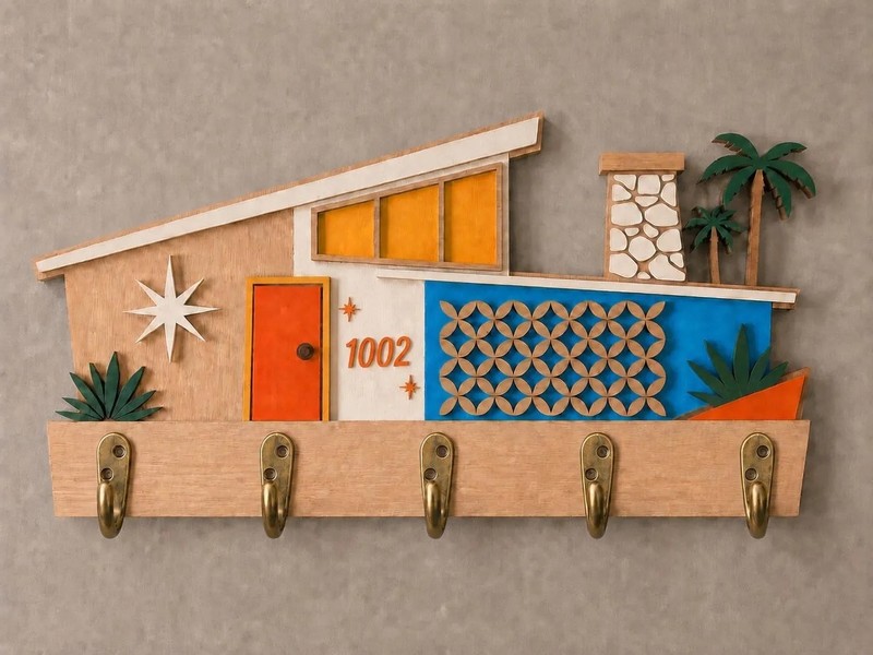 Mid Century Modern Key Holder- Wall Coat Rack- Retro House- 5 Hooks -MCM Decor gallery