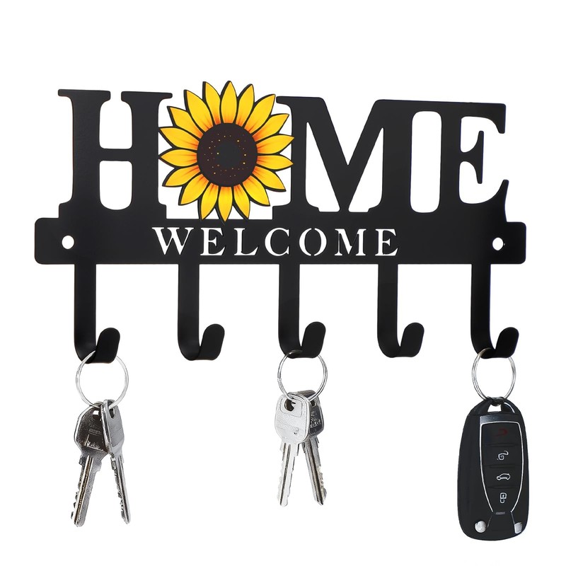 Sunflower Key Holder Wall Mount Metal Hook Rack Rustic Farmhouse Entry Decor