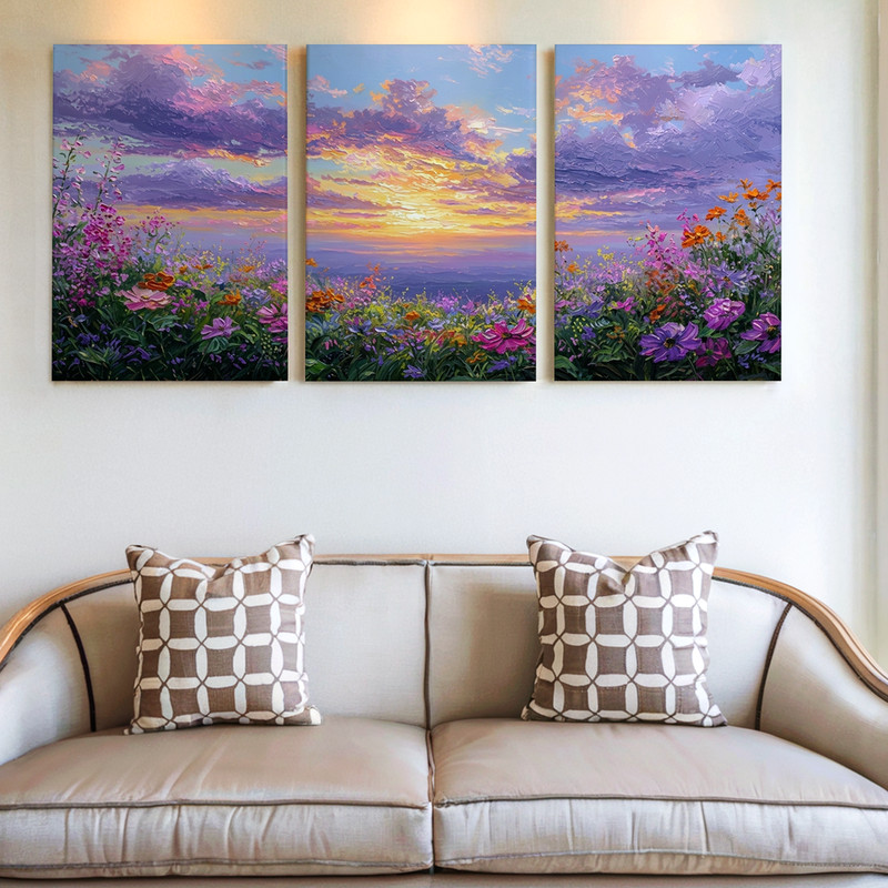 3 Pieces Sunset Over Floral Meadow Large Wall Art Set for Bedroom Set Of 3